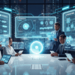 A group of business professionals in a futuristic office, using holographic screens and AI technology to analyze data and optimize operations.