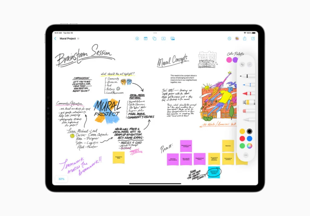 Tablet with stylus displaying organized digital notes and diagrams, surrounded by coffee cup and stationery on a professional desk.