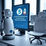AI robot in a modern office with a digital screen displaying '5 AI Tools That Actually Save You Hours Every Week (Not Just Hype)' and a rocket emoji, surrounded by productivity tools and a clean workspace