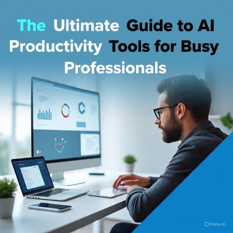 Boost productivity with AI tools - illustration of a professional using AI-powered software
