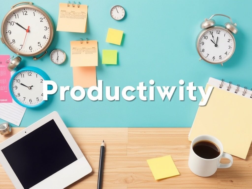 Workspace with clocks, sticky notes, a tablet, a coffee cup, and a notepad, emphasizing productivity